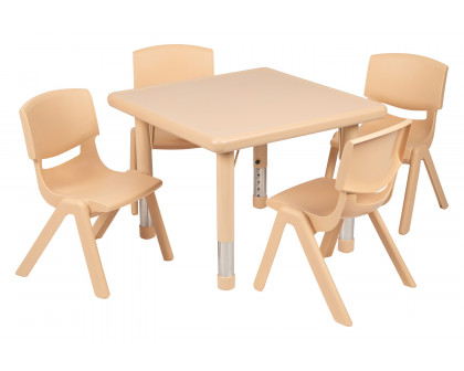 BLNK Emmy Square Plastic Height Adjustable Activity Table Set - Natural, 24"W, with 4 Chairs