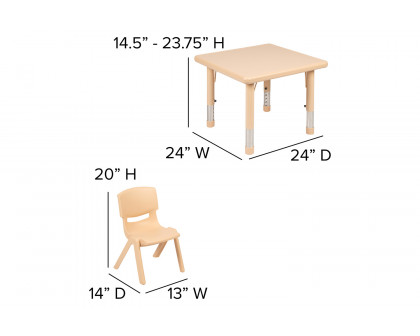 BLNK Emmy Square Plastic Height Adjustable Activity Table Set - Natural, 24"W, with 4 Chairs