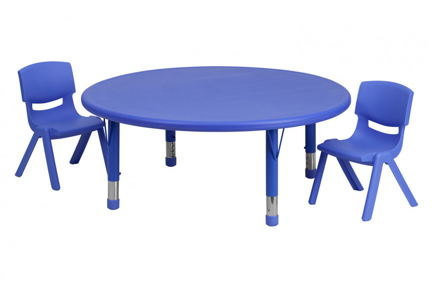 BLNK™ Emmy Round Plastic Height Adjustable Activity Table Set - Blue, 45"D, with 2 Chairs