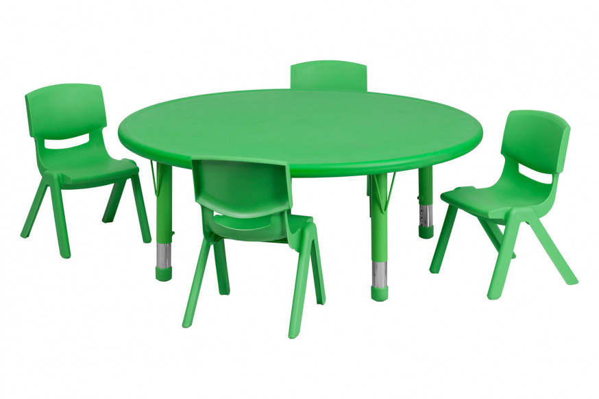 BLNK™ Emmy Round Plastic Height Adjustable Activity Table Set - Green, 45"D, with 4 Chairs