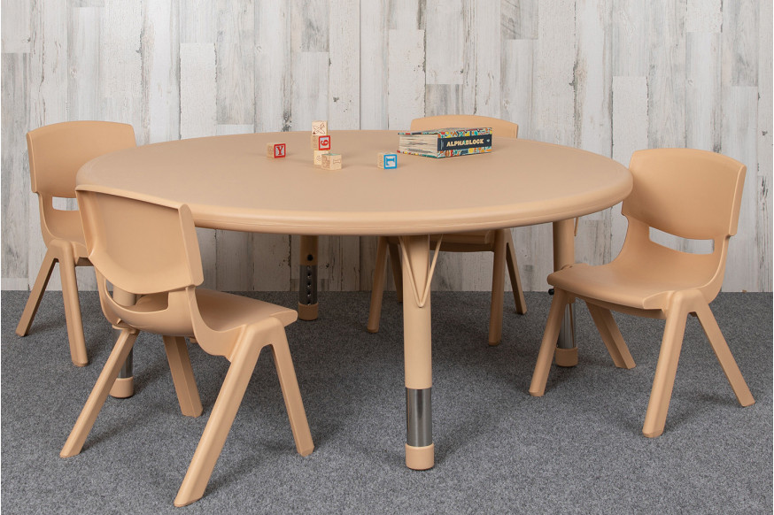 BLNK™ Emmy Round Plastic Height Adjustable Activity Table Set - Natural, 45"D, with 4 Chairs