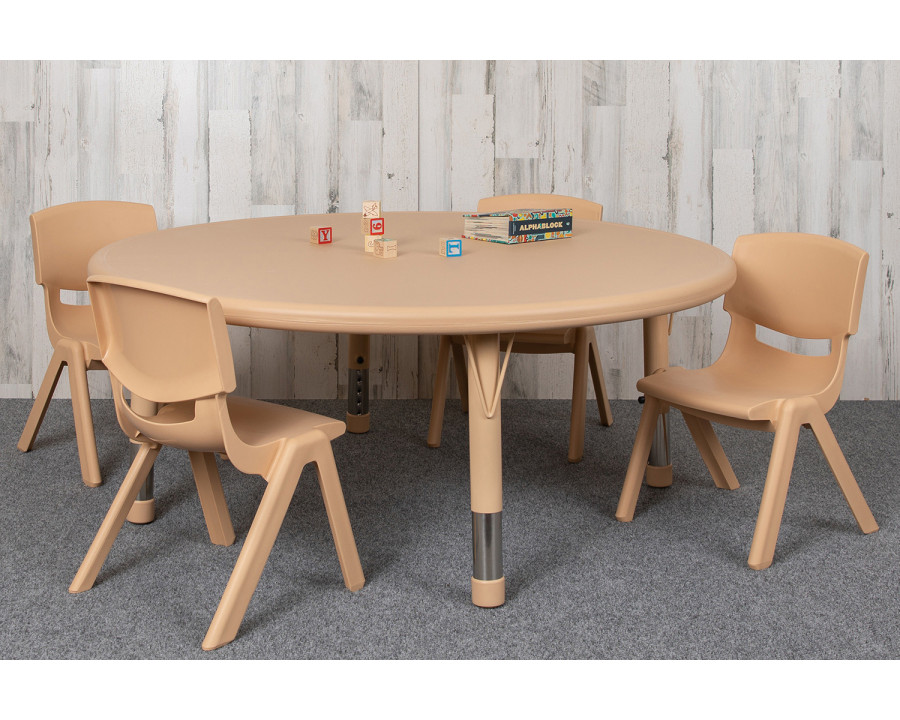 BLNK Emmy Round Plastic Height Adjustable Activity Table Set - Natural, 45"D, with 4 Chairs