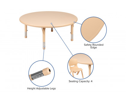 BLNK™ Emmy Round Plastic Height Adjustable Activity Table Set - Natural, 45"D, with 4 Chairs