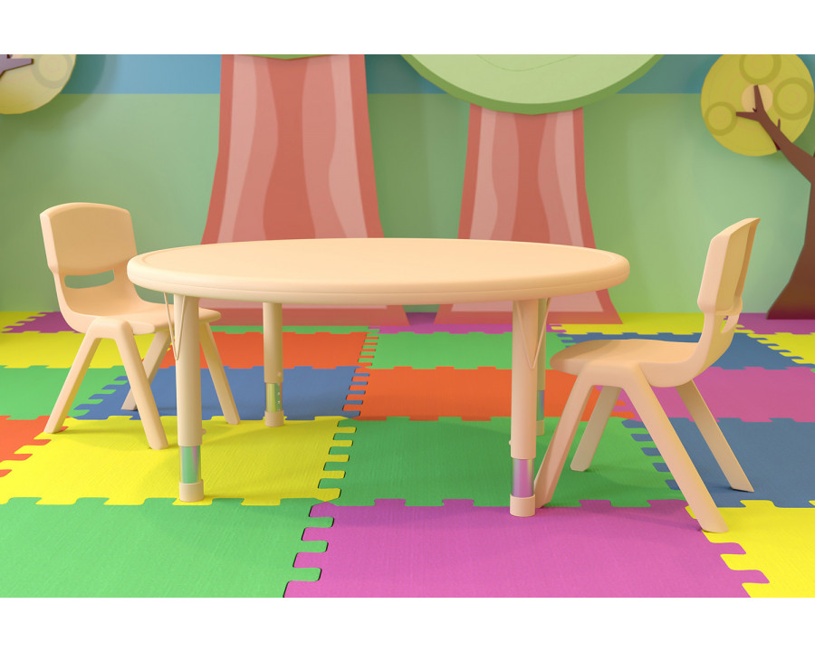 BLNK Emmy Round Plastic Height Adjustable Activity Table Set - Natural, 45"D, with 2 Chairs