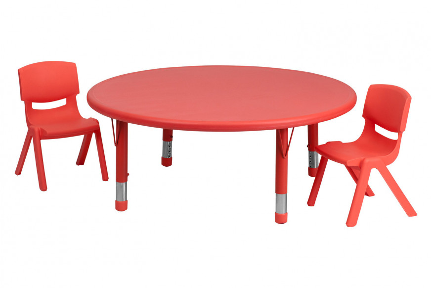 BLNK™ Emmy Round Plastic Height Adjustable Activity Table Set - Red, 45"D, with 2 Chairs