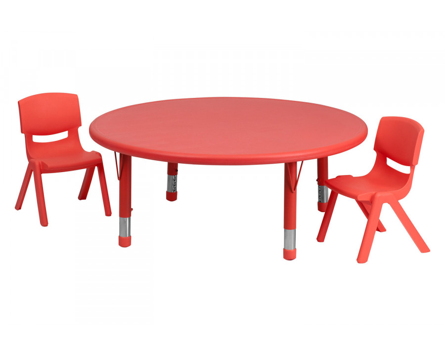 BLNK Emmy Round Plastic Height Adjustable Activity Table Set - Red, 45"D, with 2 Chairs