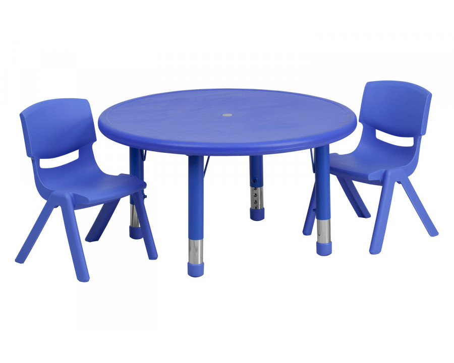 BLNK Emmy Round Plastic Height Adjustable Activity Table Set - Blue, 33"D, with 2 Chairs