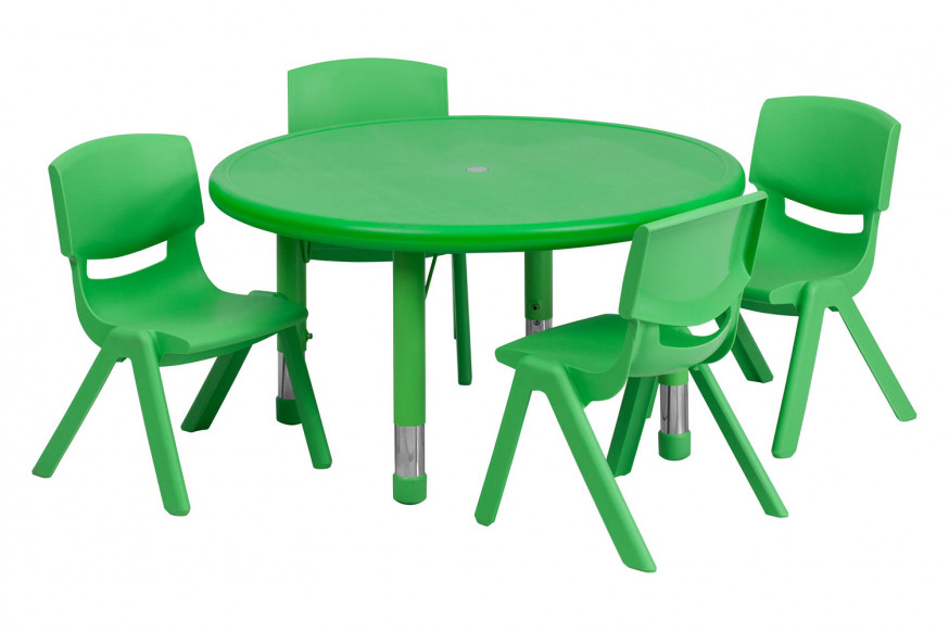 BLNK™ Emmy Round Plastic Height Adjustable Activity Table Set - Green, 33"D, with 4 Chairs