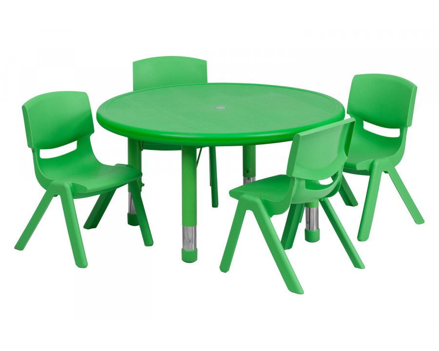 BLNK Emmy Round Plastic Height Adjustable Activity Table Set - Green, 33"D, with 4 Chairs