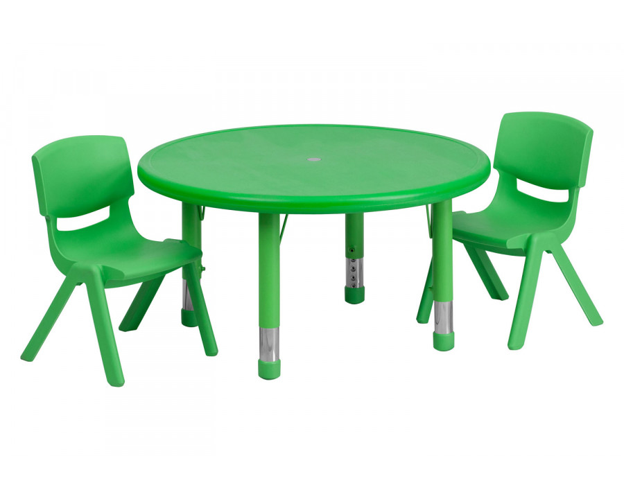 BLNK Emmy Round Plastic Height Adjustable Activity Table Set - Green, 33"D, with 2 Chairs