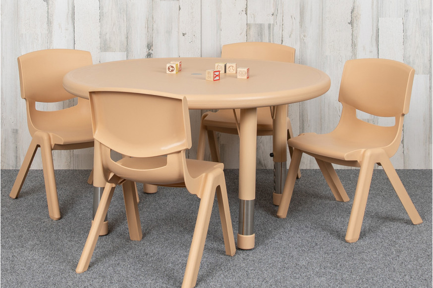 BLNK™ Emmy Round Plastic Height Adjustable Activity Table Set - Natural, 33"D, with 4 Chairs