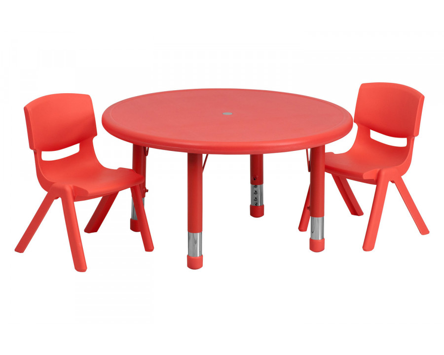 BLNK Emmy Round Plastic Height Adjustable Activity Table Set - Red, 33"D, with 2 Chairs