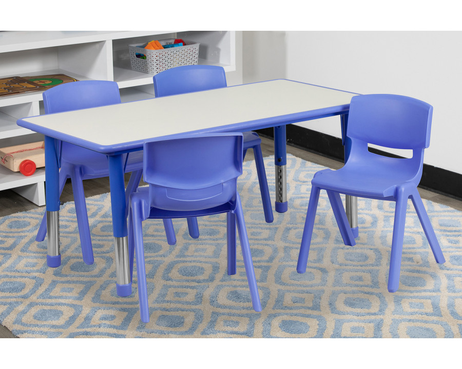 BLNK Emmy Rectangular Plastic Height Adjustable Activity Table Set - Blue, 23.625"W x 47.25"L, with 4 Chairs