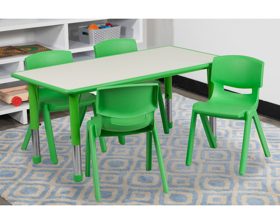 BLNK Emmy Rectangular Plastic Height Adjustable Activity Table Set - Green, 23.625"W x 47.25"L, with 4 Chairs