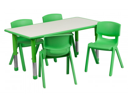 BLNK Emmy Rectangular Plastic Height Adjustable Activity Table Set - Green, 23.625"W x 47.25"L, with 4 Chairs