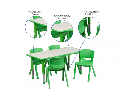 BLNK Emmy Rectangular Plastic Height Adjustable Activity Table Set - Green, 23.625"W x 47.25"L, with 4 Chairs