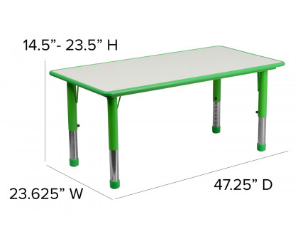 BLNK Emmy Rectangular Plastic Height Adjustable Activity Table Set - Green, 23.625"W x 47.25"L, with 4 Chairs