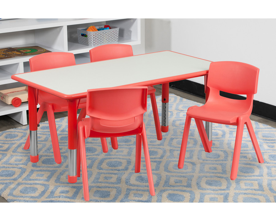 BLNK Emmy Rectangular Plastic Height Adjustable Activity Table Set - Red, 23.625"W x 47.25"L, with 4 Chairs