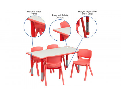 BLNK Emmy Rectangular Plastic Height Adjustable Activity Table Set - Red, 23.625"W x 47.25"L, with 4 Chairs