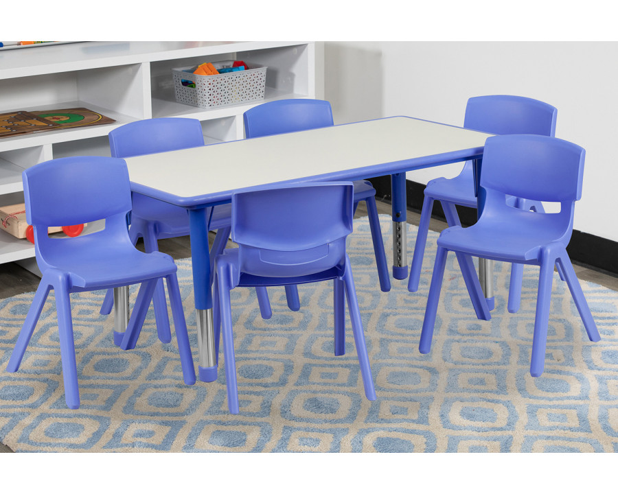 BLNK Emmy Rectangular Plastic Height Adjustable Activity Table Set - Blue, 23.625"W x 47.25"L, with 6 Chairs