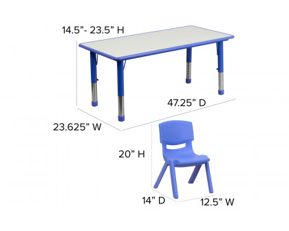 BLNK Emmy Rectangular Plastic Height Adjustable Activity Table Set - Blue, 23.625"W x 47.25"L, with 6 Chairs