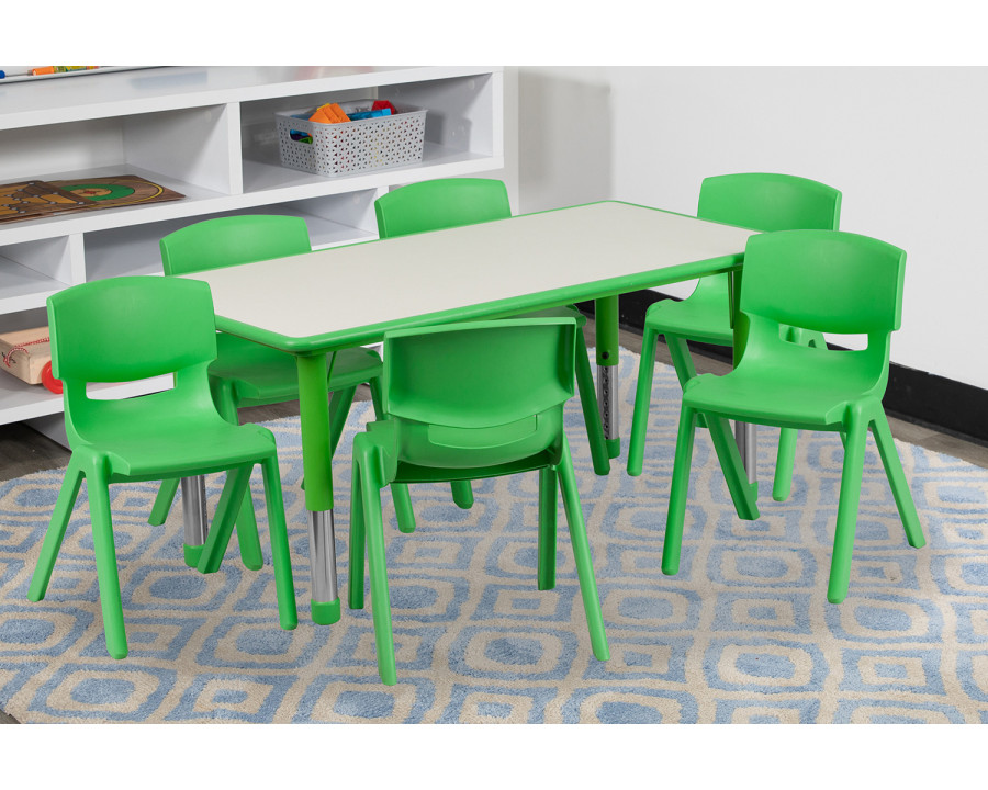 BLNK Emmy Rectangular Plastic Height Adjustable Activity Table Set - Green, 23.625"W x 47.25"L, with 6 Chairs