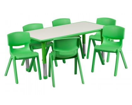 BLNK Emmy Rectangular Plastic Height Adjustable Activity Table Set - Green, 23.625"W x 47.25"L, with 6 Chairs