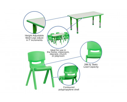 BLNK Emmy Rectangular Plastic Height Adjustable Activity Table Set - Green, 23.625"W x 47.25"L, with 6 Chairs