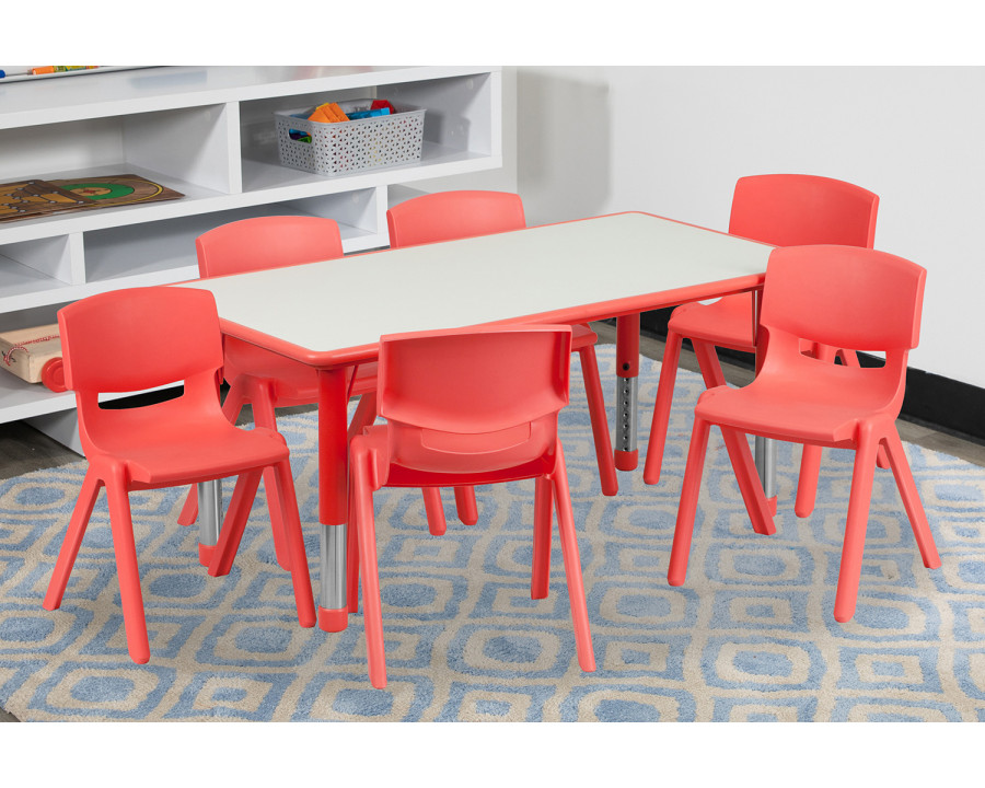 BLNK Emmy Rectangular Plastic Height Adjustable Activity Table Set - Red, 23.625"W x 47.25"L, with 6 Chairs