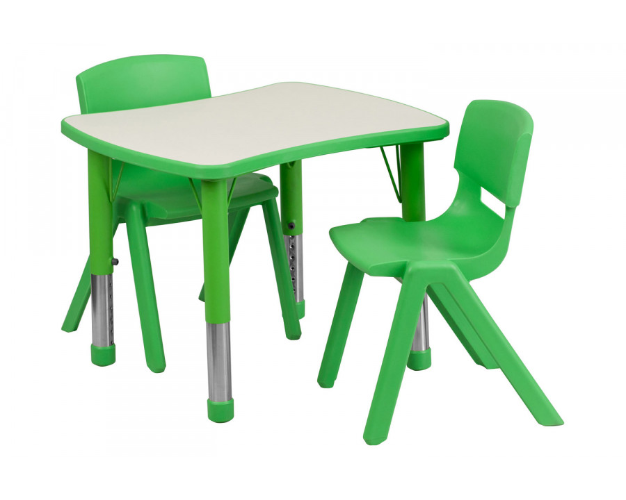 BLNK Emmy Rectangular Plastic Height Adjustable Activity Table Set - Green, 21.875"W x 26.625"L, with 2 Chairs