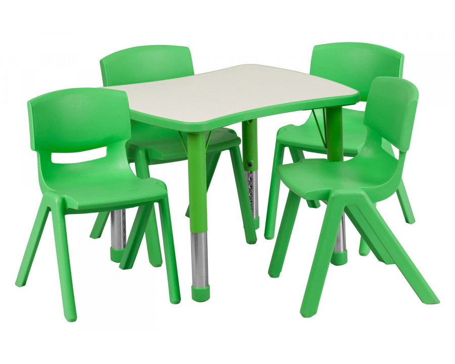 BLNK Emmy Rectangular Plastic Height Adjustable Activity Table Set - Green, 21.875"W x 26.625"L, with 4 Chairs