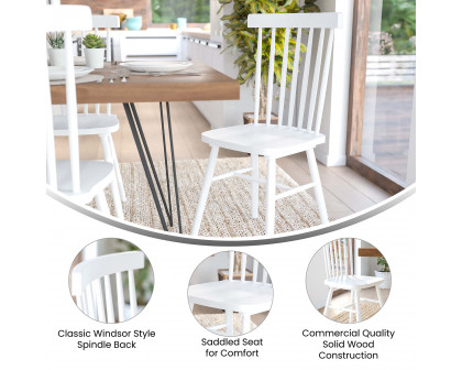 BLNK™ Ingrid Commercial Windsor Dining Chairs, Solid Wood Armless Spindle Back Restaurant Dining Chairs Set of 2 - White