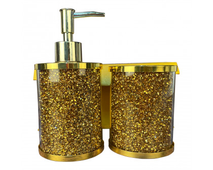 Furnings - Soap Dispenser and Toothbrush Holder in Gift Box, Gold Crushed Diamond Glass