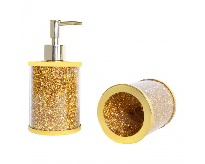 Furnings Soap Dispenser and Toothbrush Holder in Gift Box, Gold Crushed Diamond Glass