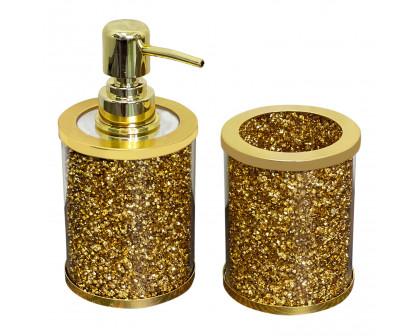 Furnings Soap Dispenser and Toothbrush Holder in Gift Box, Gold Crushed Diamond Glass