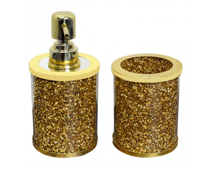 Furnings Soap Dispenser and Toothbrush Holder in Gift Box, Gold Crushed Diamond Glass