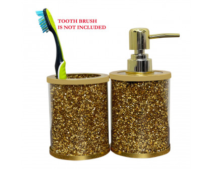 Furnings Soap Dispenser and Toothbrush Holder in Gift Box, Gold Crushed Diamond Glass