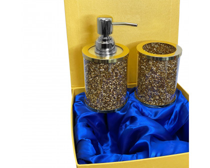 Furnings Soap Dispenser and Toothbrush Holder in Gift Box, Gold Crushed Diamond Glass