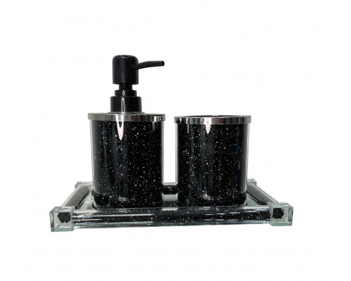 Furnings - Soap Dispenser and Toothbrush Holder with Tray, Black Crushed Diamond Glass