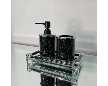 Furnings - Soap Dispenser and Toothbrush Holder with Tray, Black Crushed Diamond Glass