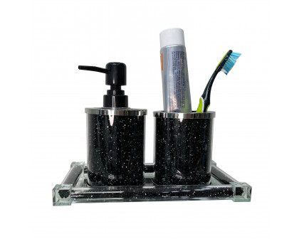 Furnings - Soap Dispenser and Toothbrush Holder with Tray, Black Crushed Diamond Glass