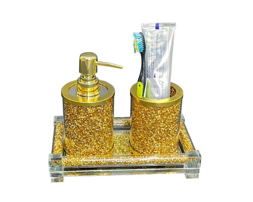 Furnings - Soap Dispenser and Toothbrush Holder with Tray, Gold Crushed Diamond Glass