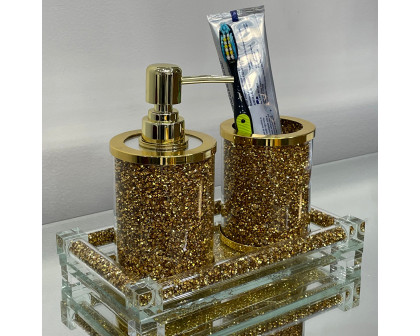 Furnings - Soap Dispenser and Toothbrush Holder with Tray, Gold Crushed Diamond Glass