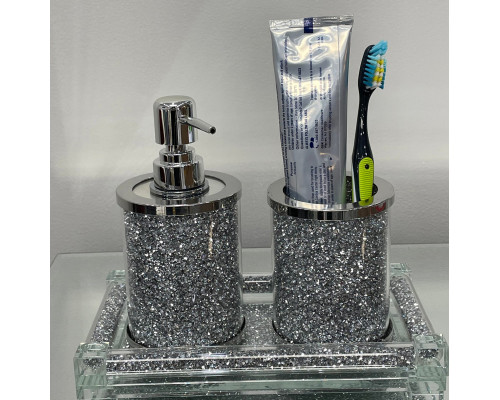 Furnings - Soap Dispenser and Toothbrush Holder with Tray, Silver Crushed Diamond Glass