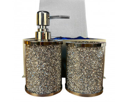 Furnings - Soap Dispenser and Toothbrush Holder with Tray, Silver Crushed Diamond Glass