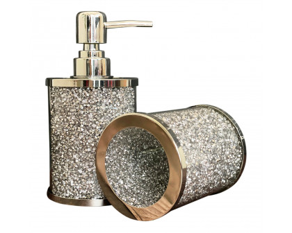 Furnings - Soap Dispenser and Toothbrush Holder with Tray, Silver Crushed Diamond Glass