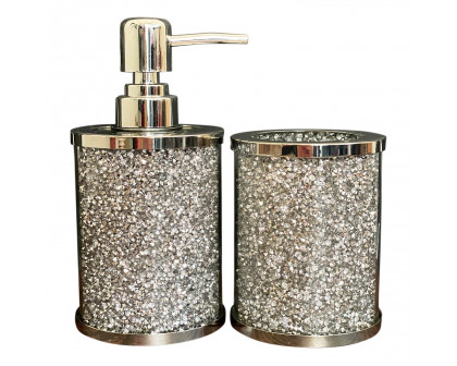 Furnings - Soap Dispenser and Toothbrush Holder in Gift Box, Gold Crushed Diamond Glass