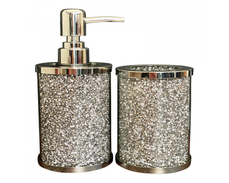 Furnings Soap Dispenser and Toothbrush Holder in Gift Box, Silver Crushed Diamond Glass