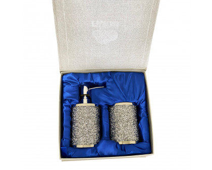 Furnings Soap Dispenser and Toothbrush Holder in Gift Box, Silver Crushed Diamond Glass