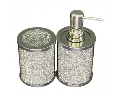 Furnings Soap Dispenser and Toothbrush Holder in Gift Box, Silver Crushed Diamond Glass